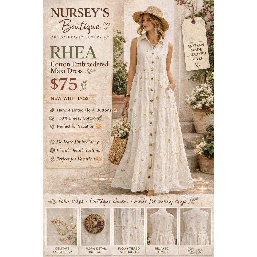 Rhea Cotton Embroidered Maxi Dress Floral Buttons Boho Cottagecore NWT